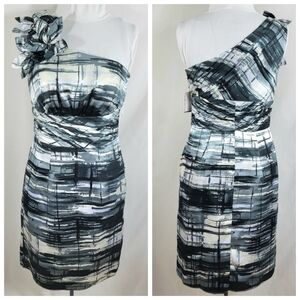 NW Collections Gray Black DRESS Women Size 6 One Shoulder Flowers Side Zip